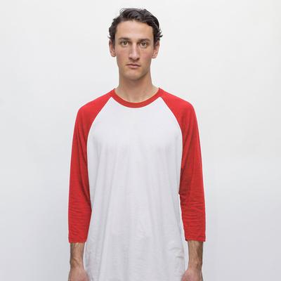 Los Angeles Apparel FF53 USA-Made Three Quarter Sleeve Raglan Baseball T-Shirt in White/Red size XS | Cotton Polyester