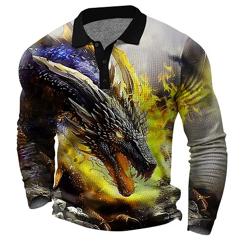Herren Drache Waffel-Poloshirts Golfshirt Langarm Polo-Shirts Hemden mit Kragen Lässig Lustig Streetwear Urlaubskleidung Party-Outfits Knöpfe 3D-Druck Frühling Herbst Winter Goldgelb Rote Blau Image