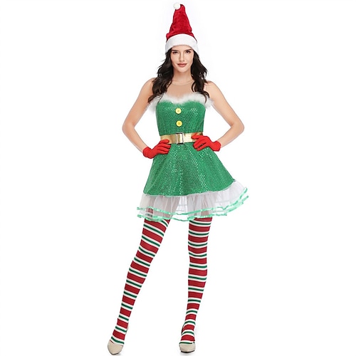 Elf Sexy Kostüme Ausgefallenes Weihnachtskleid Cosplay Kostüme Damen Weihnachten Cosplay-Kostüm Erwachsene Weihnachten Maskerade Weihnachten Party Kleid Gürtel Hut Image