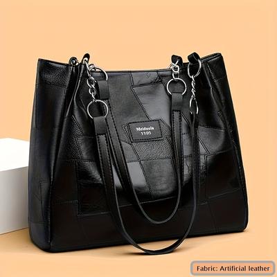TEMU Vintage Tote Bag For Women - Large Capacity Shoulder Handbag With Closure, Adjustable Strap & Metallic Chain Detail, Work, Travel & Daily Use - Deep Brown/black Image