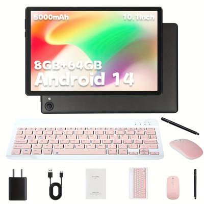 TEMU Aeezo 10.1-inch Tablet, Android 14, Pink/black Keyboard, Mouse, Stylus Pen Set. 8 (3+5)gb + 64gb Memory, Expandable To 1tb, Dual Cameras, White/black