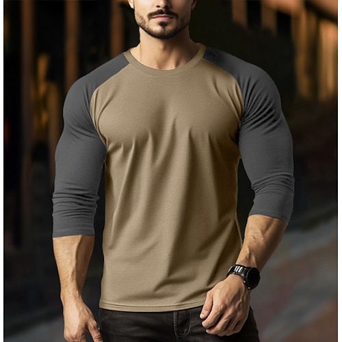 Homme T-shirt manche longue Col ras du cou Printemps Automne Printemps Automne Couleur Unie Tricots ancien Mode Col rond Bloc de Couleur Extérieur Décontracté Occasionnel Jaune Rouge Kaki T-shirt