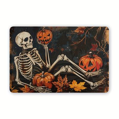 TEMU Vintage Skeleton And Pumpkin Metal Tin Sign - Halloween Wall Art Decor For Home, Office, Garden Indoor/outdoor, Durable Iron Construction, Easy To Install, Festive Seasonal Decoration, 12x8 Inch