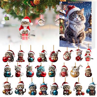 Advent Calendar 2025, Christmas 2D Acrylic Cat Ornament Cat Lover Countdown Calendar Gift 2025, Christmas Xmas 24pcs Tree Pendants Decorations