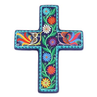 Vibrant Faith,'Floral and Bird-Themed Ceramic Wall Cross from Mexico'