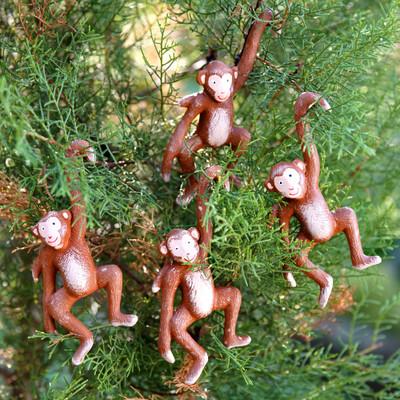 '4 Hand-Painted Wooden Monkey Christmas Ornaments from Bali'