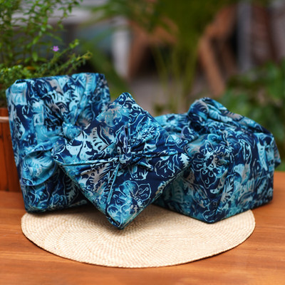 '3 Upcycled Blue Leaf-Themed Batik Furoshiki-Style Gift Wraps'