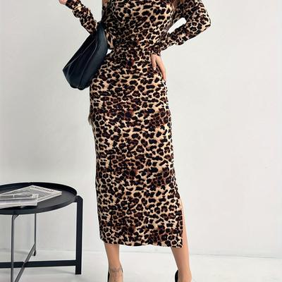 TEMU Off Shoulder Leopard Print Dress, Sexy Bodycon Long Sleeve Split Midi Dress For Spring & Fall, Women's Clothing