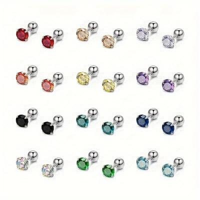 TEMU 12 Pairs Of Stainless Steel Stud Earrings Set Inlaid Shiny Faux Crystal Simple Style Body Piercing Jewelry Set