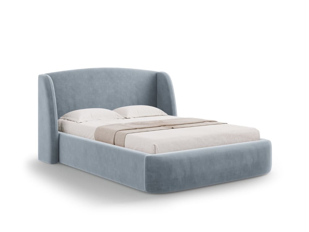 Letto a cassettone con testiera 160x200cm in velluto azzurro