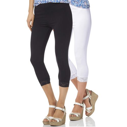 Leggings BOYSEN'S, Damen, Gr. 50 (XL), N-Gr, schwarz-weiß (schwarz, weiß), Jersey, Obermaterial: 95% Baumwolle, 5% Elasthan. Spitze: 95% Polyamid, 5% Elasthan, unifarben, Basic, schmal 3/4-Länge, Hosen, mit Spitze, Topseller