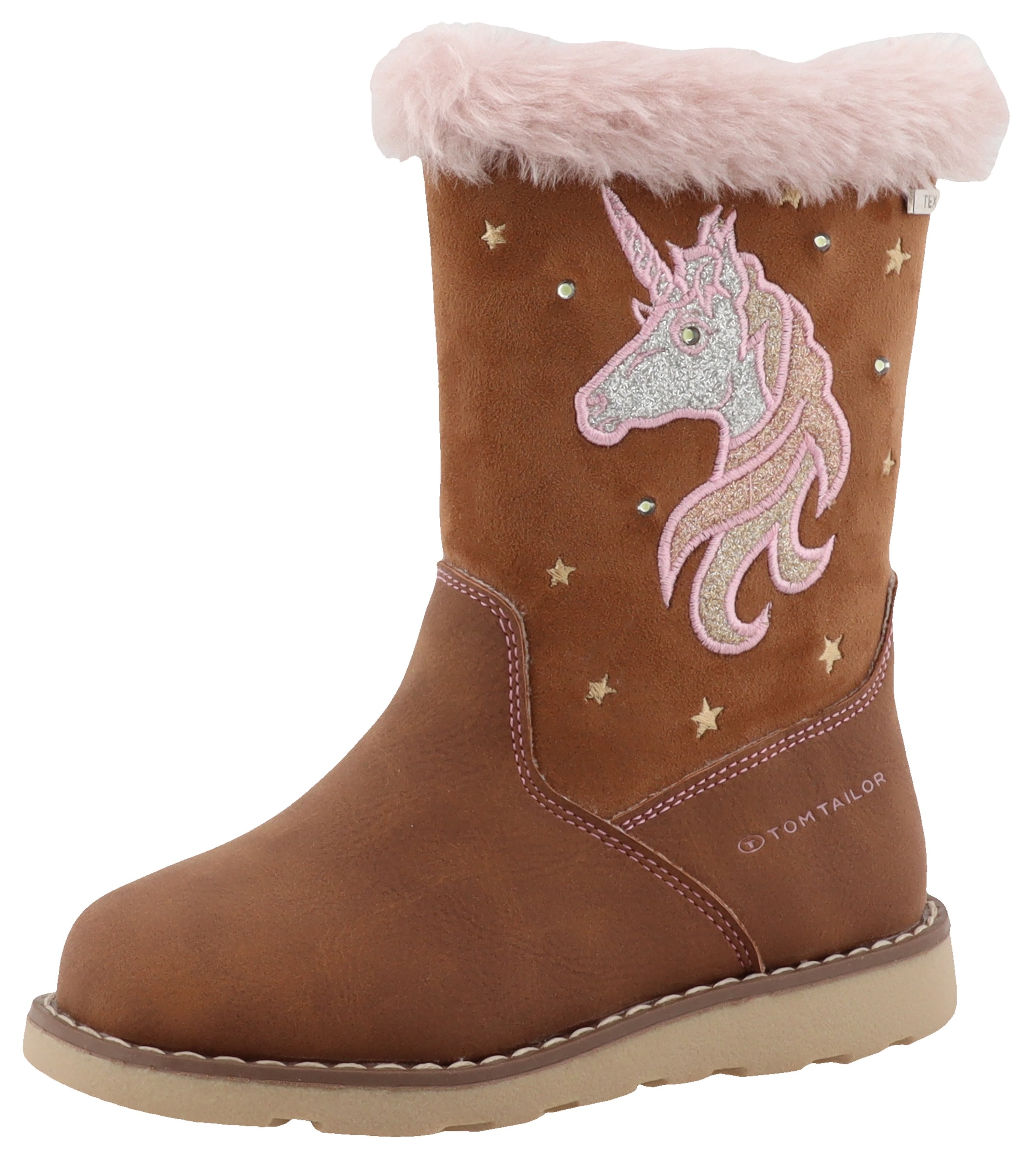 Winterstiefel TOM TAILOR "Blinkschuh", Kinder, Gr. 29, braun (cognac), Lederimitat, Textil, Glitzer, Schuhe, Langschafttstiefel, Kinderstiefel mit blinkendem Einhornmotiv Image
