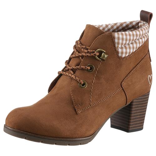 Ankleboots MARCO TOZZI Gr. 37, braun (braun kombiniert) Damen Schuhe Blockabsatz, Trachtenmode, Schnürstiefelette mit Label an der Ferse