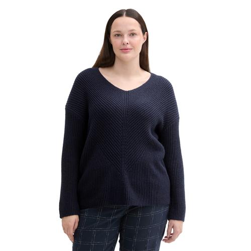 Strickpullover TOM TAILOR PLUS Gr. 44, blau (sky captain blue) Damen Pullover mit Rippstruktur