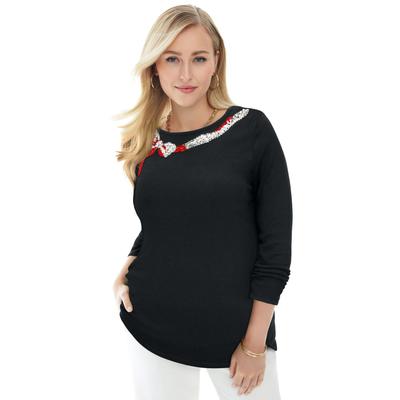 Plus Size Women's Holiday Motif Pullover by Jessica London in Black Pearl Bow (Size 30/32) Christmas Made in the USA