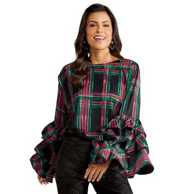 Masseys Tiered Ruffle Sleeve Blouse (Size L) Black/Plaid, Cotton,Polyester