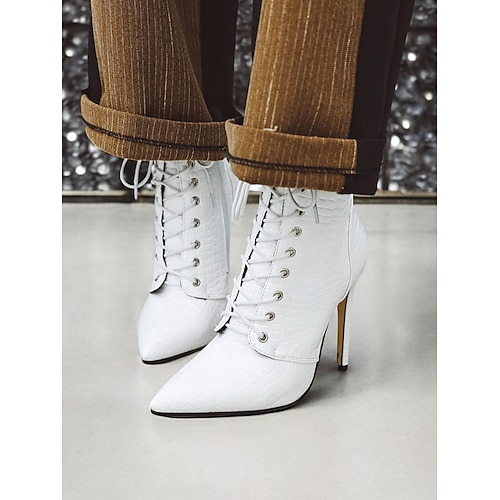 rote Stiefeletten mit Krokoprägung und Schnürung im Stiletto-Stil – sexy Damenstiefel mit hohem Absatz und spitzer Spitze für Party und Abendgarderobe Image