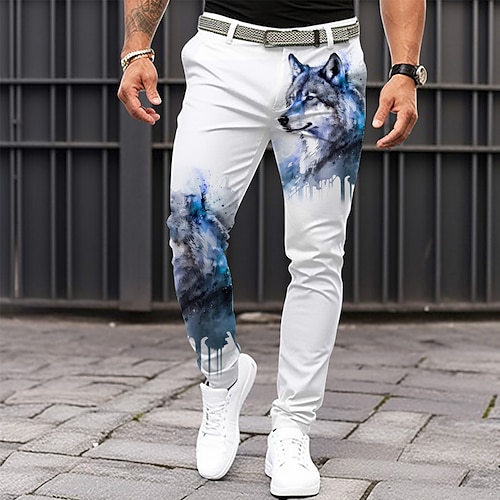 Herren Wolf Anzughose Mittlere Taille Lässig Formell Alltagskleidung Reißverschluss Tasche Sommer Frühling Herbst 3D-Druck Schwarz Weiß Gelb Image