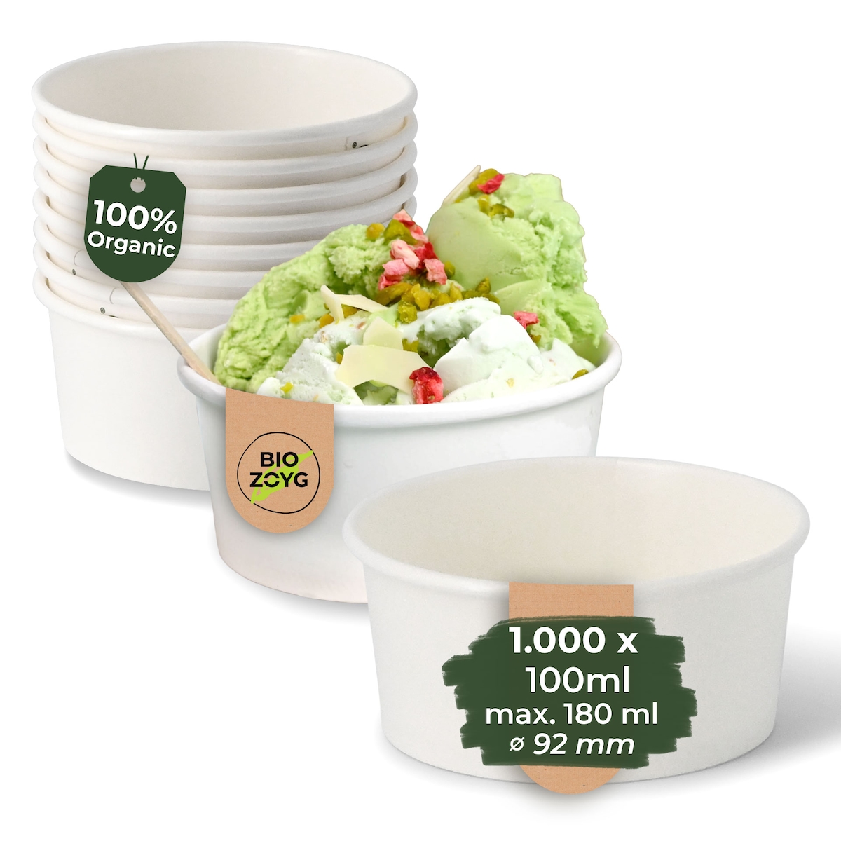 BIOZOYG 1000 Stück Eisbecher Pappe 100 ml weiß - umweltfreundlich, recycelbar, plastikfrei - Joghurtbecher, Papierbecher Image