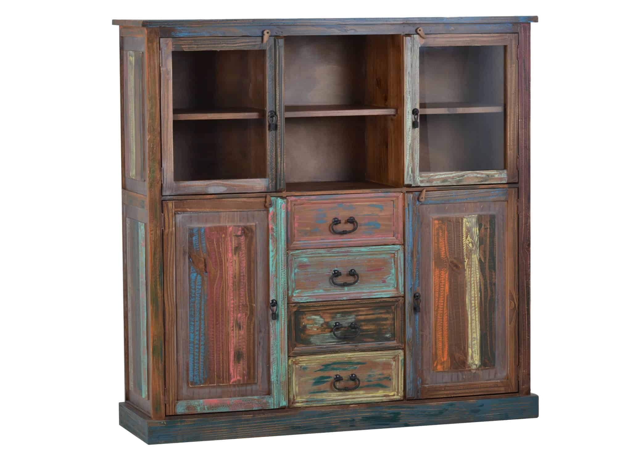 MiaMöbel Highboard Cancun Massivholz Pinie Shabby Chic Mexiko Möbel Mexikanisch