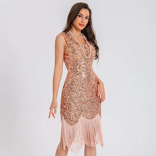1920er Vintage inspiriert Knielang Flapper Kleid Partykostüm Ärmellos Der große Gatsby Hochzeitsgast Pailletten Quastenfransen Pailletten Quaste V Ausschnitt Kostüm Damen Weihnachten Neujahr Image