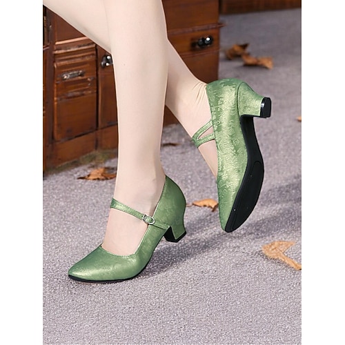 Grüne Mary-Jane-Tanzschuhe im Vintage-Stil für Damen mit Jacquard-Blumenmuster und Blockabsatz, perfekt für Standard-, lateinamerikanische und formelle Tanzveranstaltungen Image