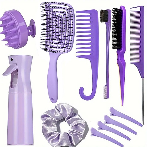 12-teiliges komplettes Haar-Styling-Kamm-Set – vielseitiges Entwirren Toupierkämme, Kanten Rattenschwanzbürsten, Kopfhautmassagegerät, Sprühflasche – ideal für alle Haartypen Täglicher Gebrauch Image