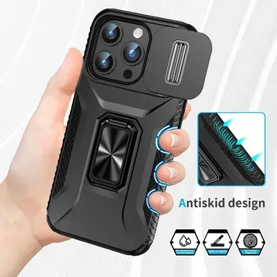 Military-grade Anti-fall and Anti-slip Camera Lens Slide Out Phone Case For iPhone 16 15 14 13 12 Pro Max Hardware Rotary Stand