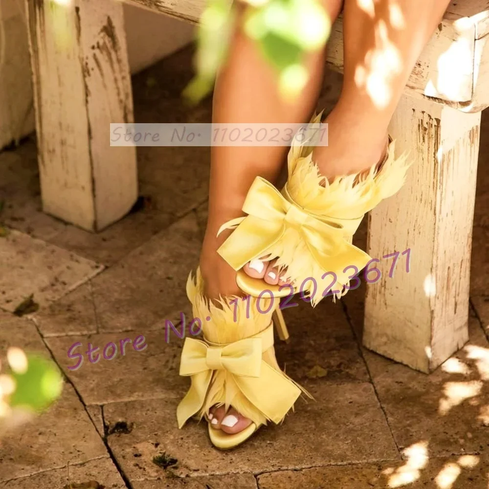 Gelbe Feder süße Panto letten für Frauen Satin Bowknot Strap High Heels Kleid Schuhe weibliche Festival Party elegante rosa Hausschuhe