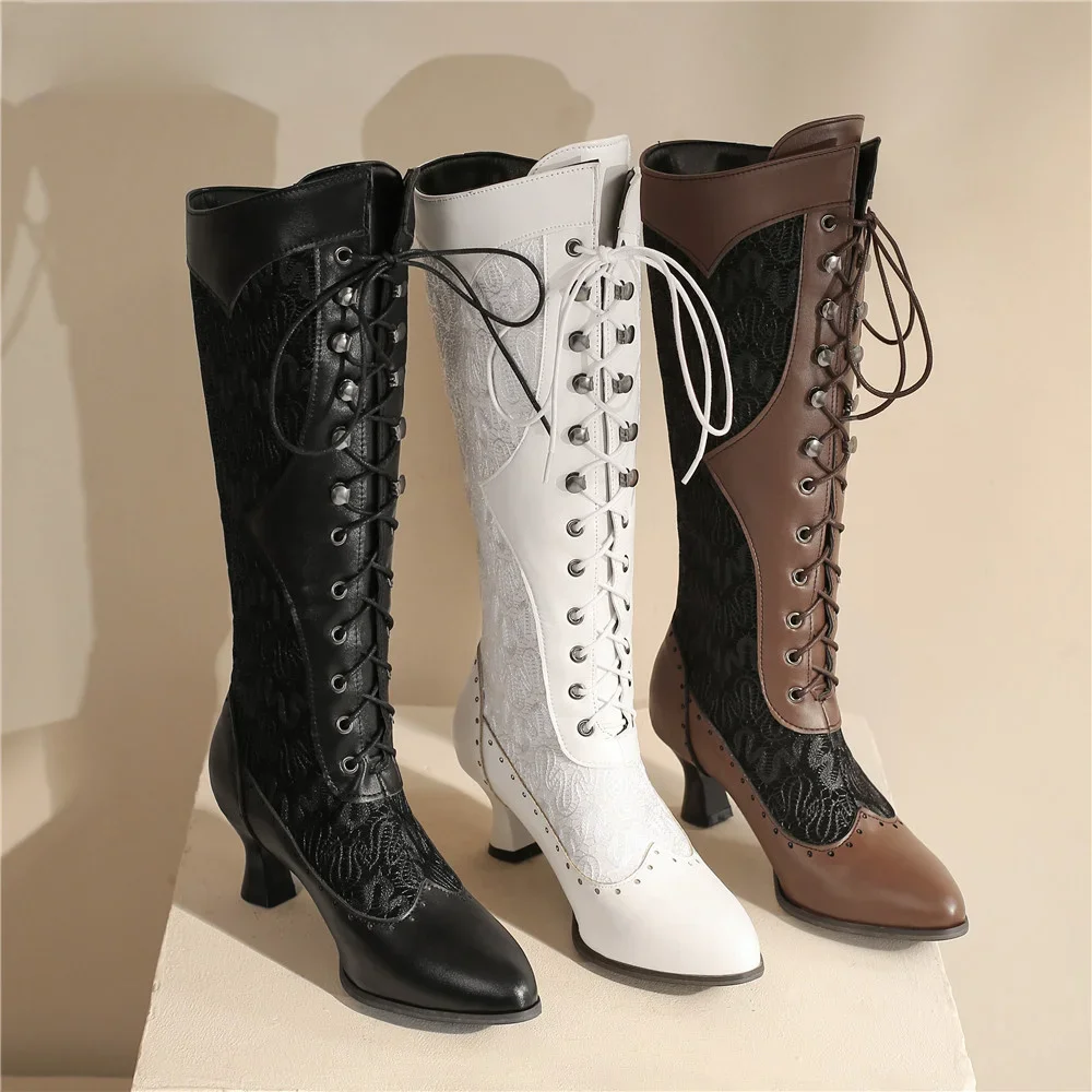 Frauen Viktorianischen Spitz Mitte Der Wade Stiefel Leder Spitze Aushöhlen Punk Lace Up Seltsame Steampunk High Heel Schuhe Plus größe 32-43