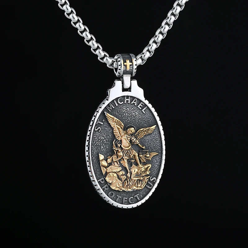 Dropshipping männer 316L Edelstahl Schutzpatron Der Zeit Reisende Erzengel Michael Gold Anhänger Halskette schmuck