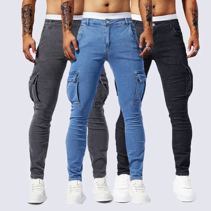 Slim Fit Große Tasche Jeans Cargo Hosen für Männer Modische Casual Hip Hop Stretch Denim Lange Hosen Männliche Streetwear Track Hosen