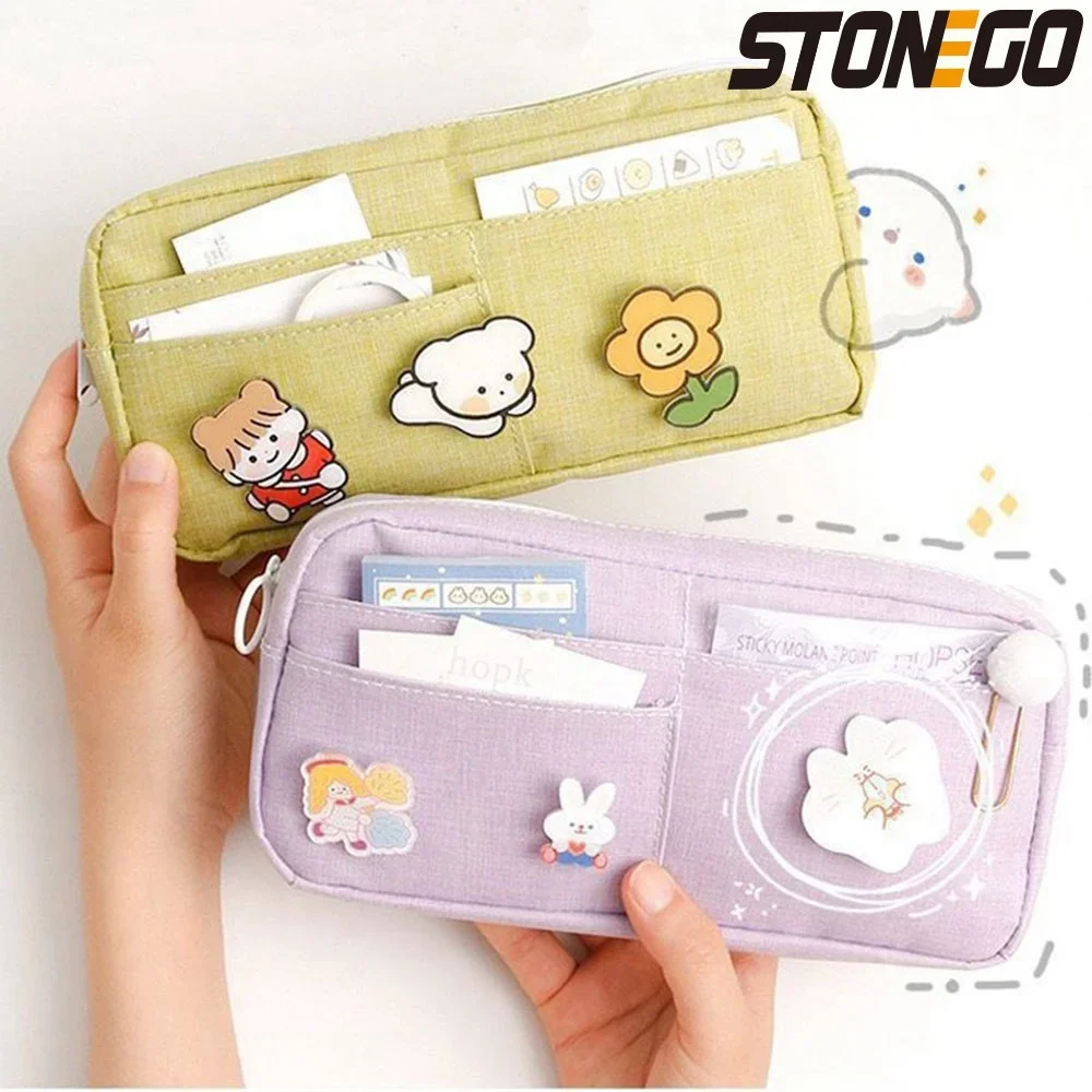 STONEGO Federmäppchen aus Segeltuch, niedliches Tierabzeichen, rosa Federmäppchen, große Federmäppchen für Mädchen und Mädchen, Schreibwaren Image