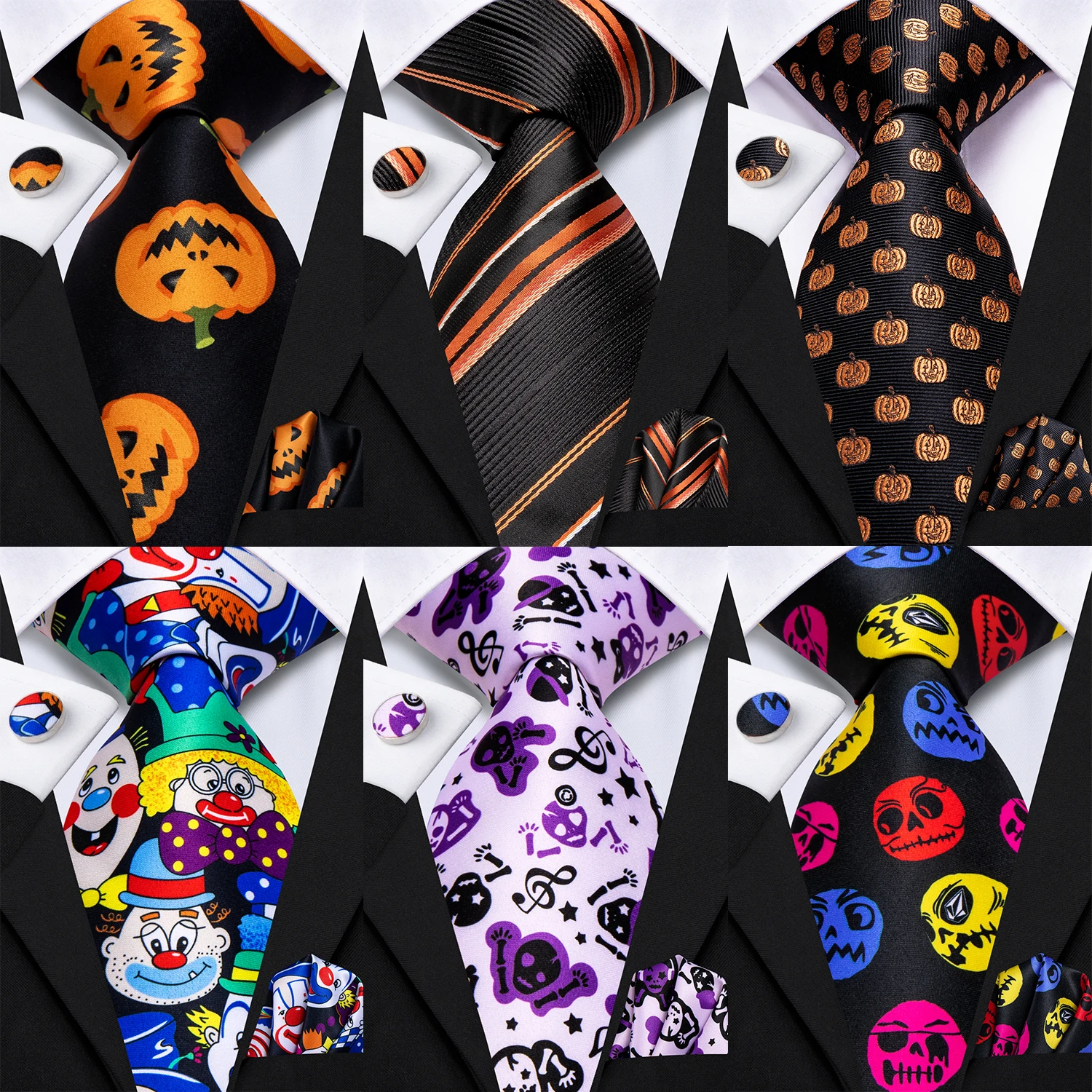Hi-Tie Halloween-Krawatten für Männer, lustige Krawatte, Thanksgiving-Krawatte, Taschentuch, Manschettenknöpfe, Geschenk für Männer, Gravats, Neuheitsdesigner Image