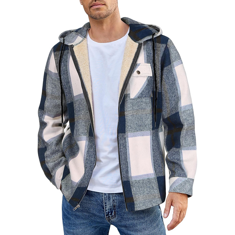 Men's Shirt Jacket Hoodied Jacket Shacket Flannel Fleece Jacket Daily Vacation Thermal Warm Hooded Fall Winter Plaid Checkered Fashion Streetwear Lapel Regular Black Dark Red Light Green Red Blue
