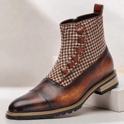 Men's Houndstooth Tweed and Leather Ankle Boots with Button-Up Detail – Vintage Style Cap Toe Dress Boots for Formal and Casual Occasions