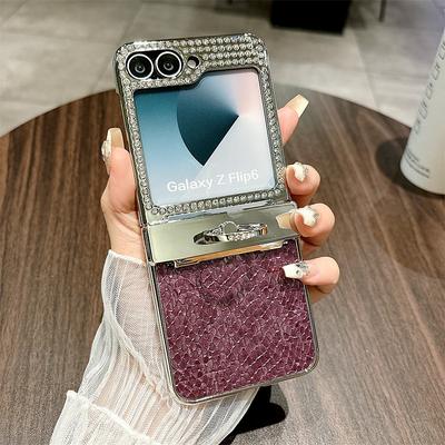 Phone Case For Samsung Galaxy Z Flip 6 Z Flip 5 Back Cover Ring Holder Bling Glitter Shiny Shockproof Retro PC Metal PU Leather