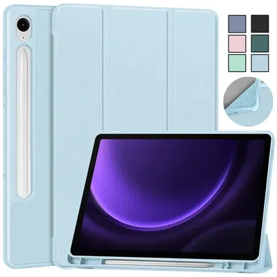 For Samsung Tab S9 FE Case with Pen Holder Trifold Leaher Soft Back Stand Smart Cover For Galaxy Tab