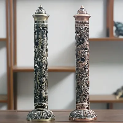 Retro Vertical Incense Burner Buddha Heart Sutra Dragon Phoenix Pillar Metal Incense Stick Home