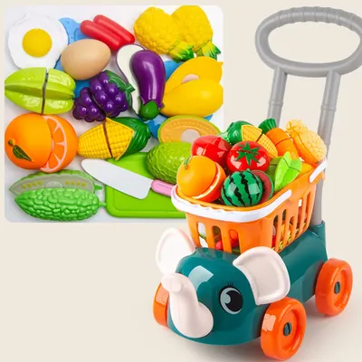 Simulation Deluxe Supermarket Shopping Cart Trolly With Vegetable Fruit Cutting Food Kids Creative