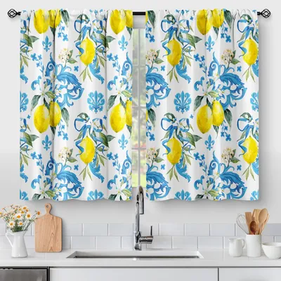 2 Panels Lemon Flower Kitchen Curtains, Country Leaves Rustic Small Short Cafe Curtains Farmhouse