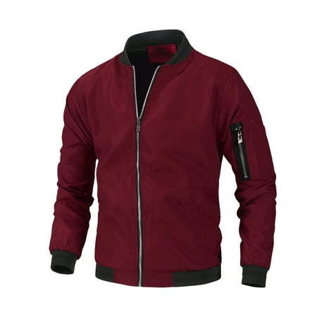 BXINGOHAI bomber jackets for men big and tall zip pockets jacket full zip solid Stand Collar jackets outdoor Baseball Uniform shirts Wine M