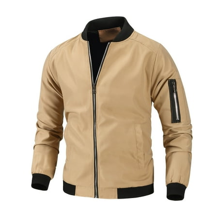 BXINGOHAI bomber jackets for men big and tall zip pockets jacket full zip solid Stand Collar jackets outdoor Baseball Uniform shirts Today Sales Khaki XXL