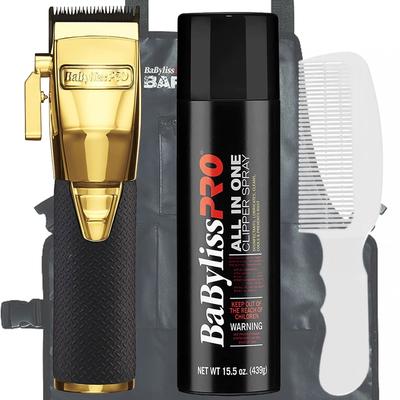 BaByliss PRO GoldFX Boost+ Gold Adjustable Blade Cordless Clipper (FX870GBP) + Barber Apron + Clipper Spray + Flat Top Comb