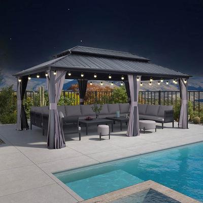 PURPLE LEAF Gazebo Outdoor Gazebo with Dual-Layer Galvanized Steel Double Roof Aluminum Gazebo with Netting and Curtains Grey
