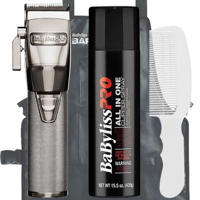 BaByliss PRO FX870S Cordless Clipper + Babyliss Pro Barber Apron + All In One Clipper Spray + Flat Top Comb