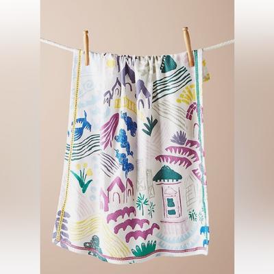 Anthropologie Kitchen | Anthropologie Dishtowel Freehand Houses Homes Trees Printed Woven Cotton Nwt | Color: Purple/White | Size: Os