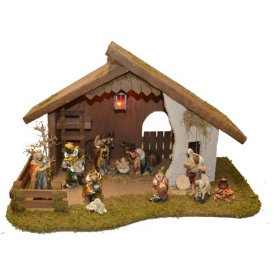 Krippe ALFRED KOLBE "Krippenstall ohne Trafo", braun, B:50cm H:28cm T:30cm, Holz, Weihnachtskrippen, mit Laterne, Busch, Lagerfeuer, Holz, 11 cm Figuren 11tlg. Image