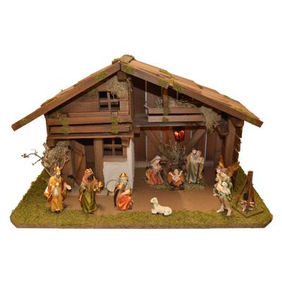 Krippe ALFRED KOLBE "Krippenstall ohne Trafo", braun, B:59,5cm H:35cm T:30cm, Holz, Weihnachtskrippen, mit Busch, Laterne, Lagerfeuer Image