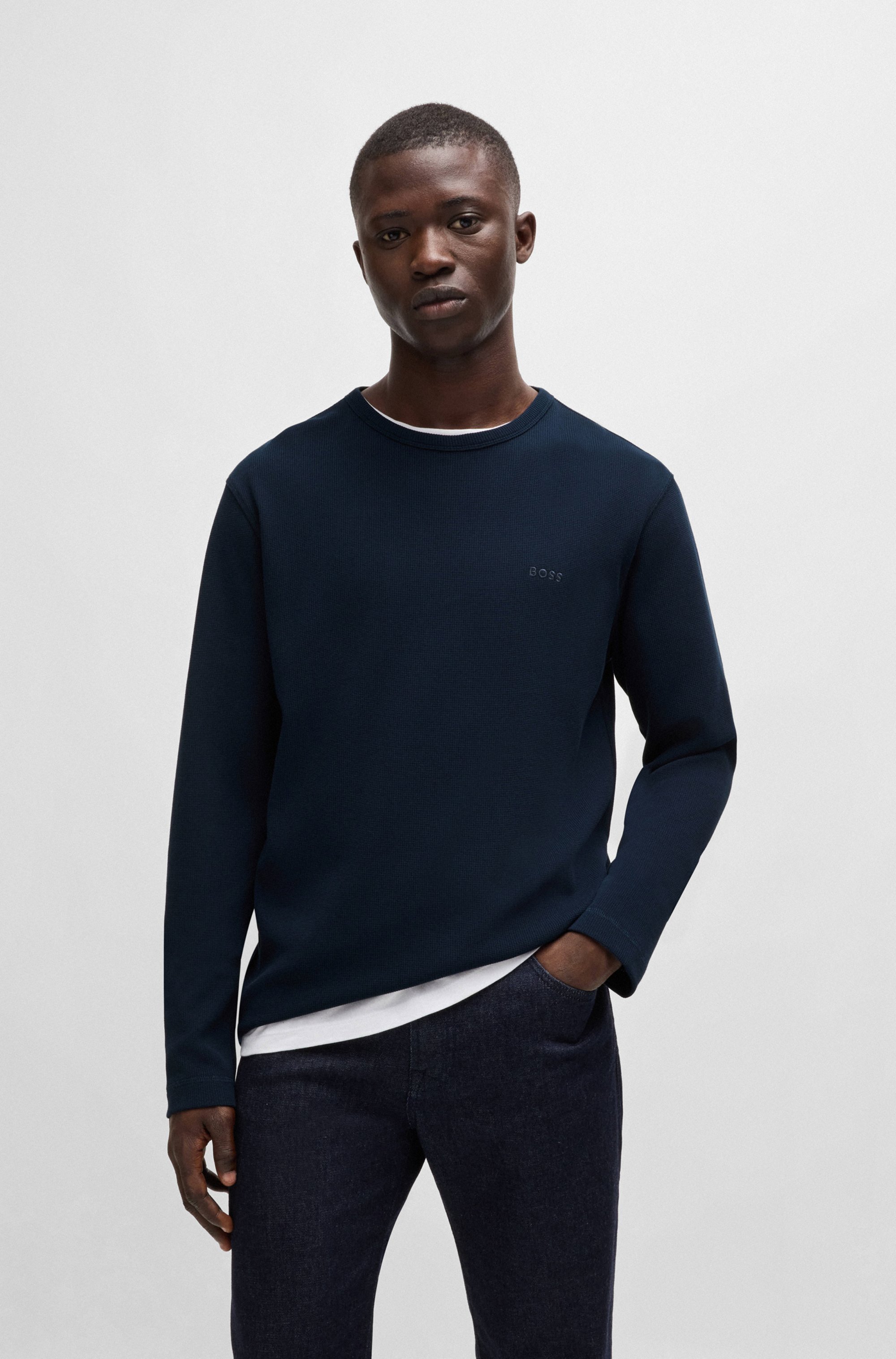 Langarmshirt BOSS ORANGE "Tempesto", Herren, Gr. M, blau (dunkelblau404), Single Jersey, Obermaterial: 78% Baumwolle, 15% Polyacryl, 7% Elasthan, unifarben, regular fit normal, Rundhals, Shirts Langarmshirt, mit BOSS-Stickerei